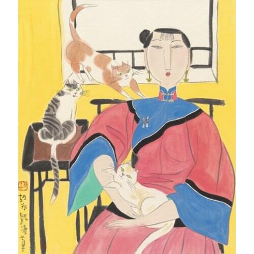 Classical Chinese ancient women cat landscape oil painting canvas painting printings printed on canvas art decoration picture