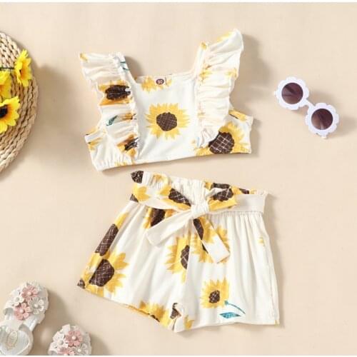 Toddler Girl Cothes Baby Clothes Set 2 Pcs Sunflower Print Sleeveless Tops+short Pants Boho Cool Children Sets Kids Clothes 0-6Y