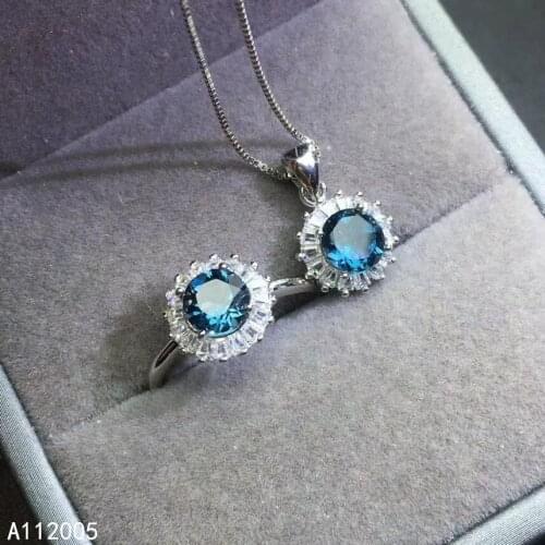 KJJEAXCMY Fine Jewelry 925 sterling silver inlaid natural gemstone blue topaz female ring pendant set lovely Support test