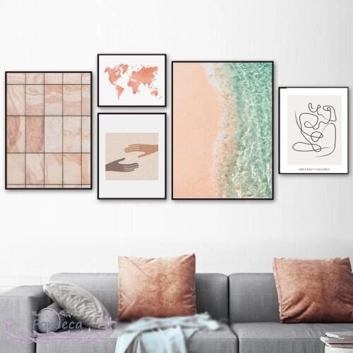 Sea Beach World Map Canvas Painting Abstract Figures Line Drawing Body Hand Posters and Prints Wall Art Nordic Pictures for Room