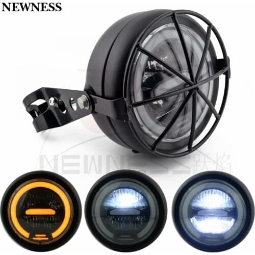 Motorcycle Cafe Racer Bobber 6.5 Inch Led Headlight Amber White with Mount Bracket 35-43mm Holder Grill Mesh