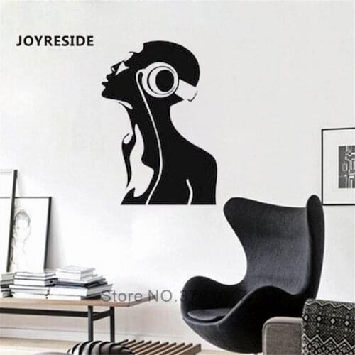 JOYRESIDE Radio Girl Wall Sticker Woam Earphone Music Wall Decal Art Fashion Home Decoration Livingroom Wall Decor Vinyl WM018
