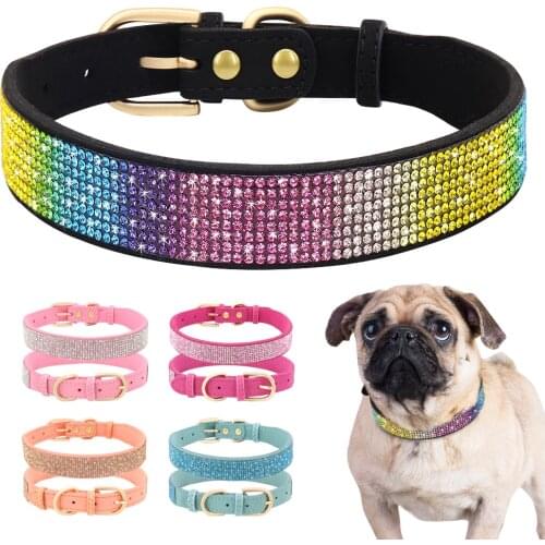 Bling Rhinestone Dog Collar Soft Suede Leather Cat Puppy Collars Necklace For Small Medium Dogs Cats Chihuahua Yorkshire Pink