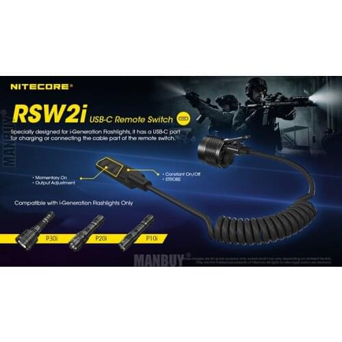 Nitecore RSW2i USB-C Rechargeable + Remote Pressure Switch 2in1 Tail Cap for i Series Flashlights P30i P20i P10i Tactical Torchs