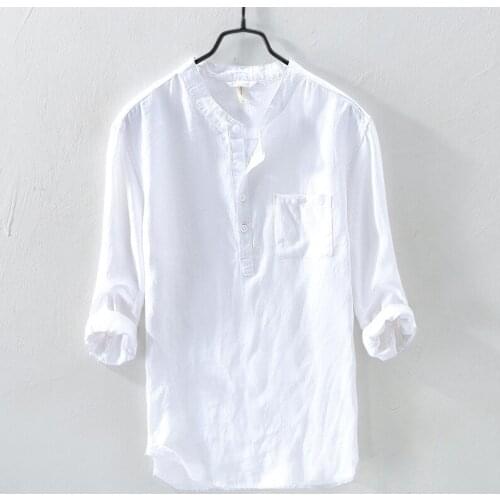 Three Quarter Sleeve Linen Shirt 2021 New Arrival Mens Pure White Linen Shirts Fashion Loose Thin Hemp Pullover Plus Size XXXL