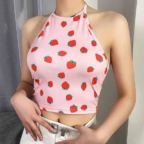Strawberry Print Crop Top Women Camis Casual Sleeveless Summer Hanging Neck Vest Cute Korean Style Backless Party Cropped Cami
