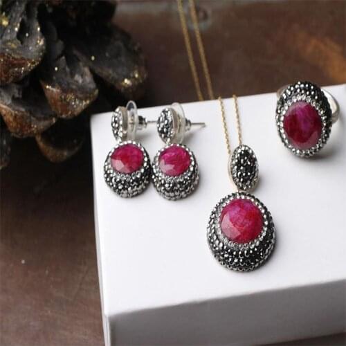 Teardrop Maroon Silver Jewelry Set, Woman Silver Maroon Ring + Pendant + Earrings, Handmade Woman Silver Jewelry Sets
