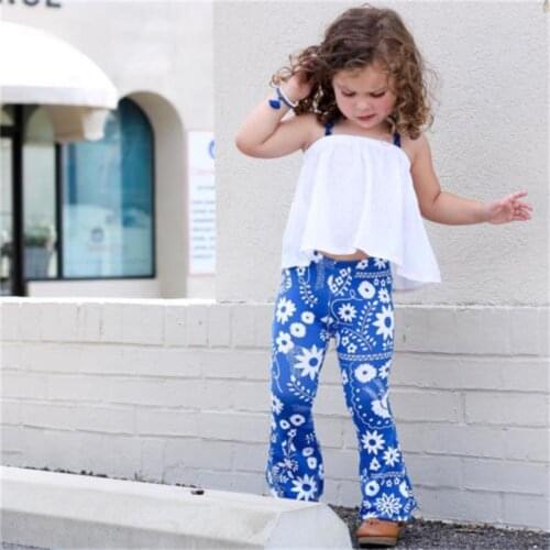 Vintage Baby Girls Elastic Floral Print Long Pants Casual Toddler Kids Child Flare Trousers 2-6T