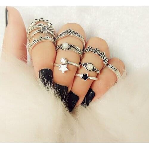 Jewdy Vintage Star Midi Rings Set for women bohemian Skeleton Crown Pearl Knuckle Ring Party Finger Jewelry Accessories