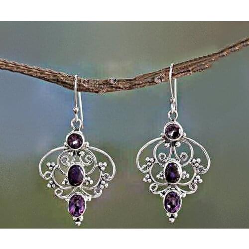 Vintage Silver Color Drop Earrings Boho Purple Round Resin Stone Flower Dangle Earrings for Women Bohemian Fashion Jewelry