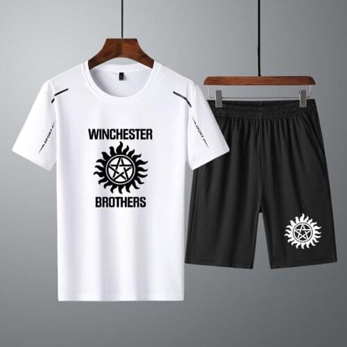 High Quality Men Casual Short Sets Winchester Brothers Printing Summer Short Sleeve Cotton Mens T-shirt+shorts 2 piece suit