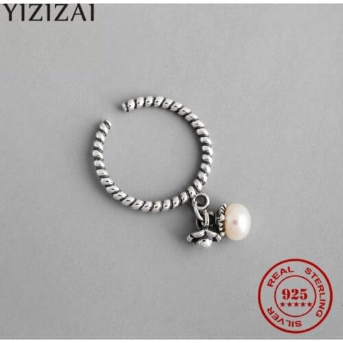 YIZIZAI Distressed Vintage Twist Natural Freshwater Pearl Opening Ring Sizable For Women 925 Sterling Silver Fine Jewelry Gift