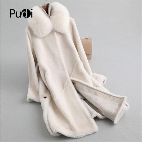 PUDI A19028 Lady 100% Wool Fur Coat Jacket With Real Fox Fur Collar Over Size Parka Women Winter Warm Genuine Fur Coat