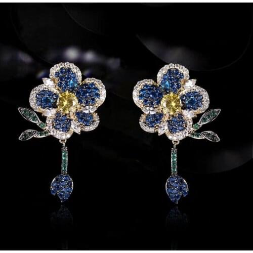 Glitter Blue Pink Cubic Zircon Long Dangling Flower Women Earrings Tassel Leaf Bridal Wedding Elegant Earring Banquet Jewelry
