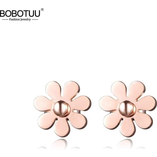 BOBOTUU Classic Cute Small Daisy Flower Stud Earrings Rose Gold Color Stainless Steel Trendy Earrings Jewelry For Women BE17028