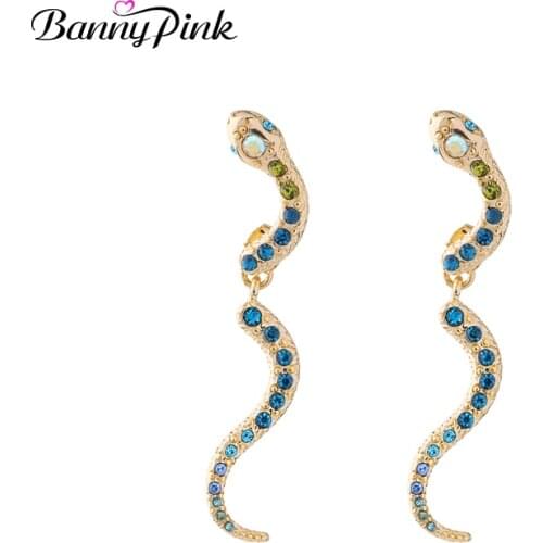 Banny Pink Cute Rhinestone Snake Studs Earrings For Women Chunky Gold Color Alloy Post Earrings Lovely Crystal Pendant Earrings