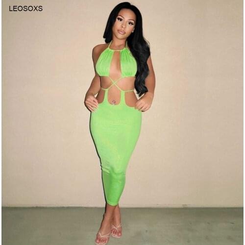 Womens Summer Sundress Sexy Open Back Sleeveless Hollow Out Suspender Dress Solid Color Slim Nightclub Party Long Dresses