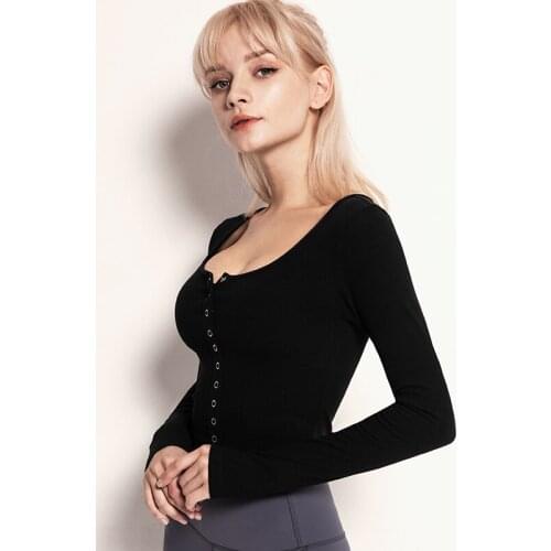 Women Fashion Casual Slim Solid Tops Ribbed Long Sleeve Button Running Fitness Workout Gym Sport Clothes Stretch T-Shirt Pullove