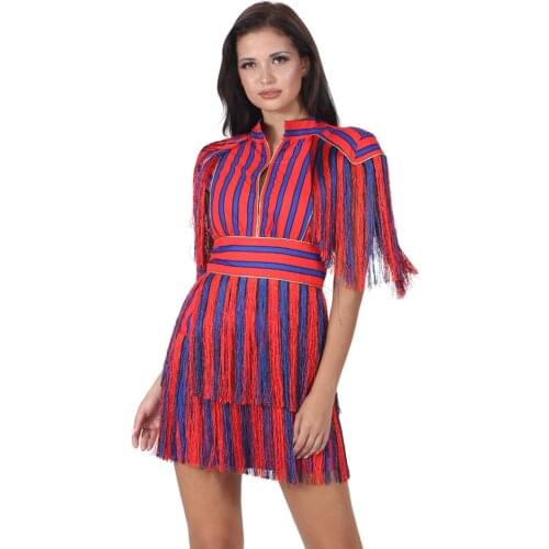 S Curve Striped Tassel Fringe Bodycon Dress Womens Colorful Short Sleeve Vestido Mini Party Dress