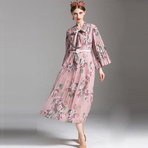 Fashion Loose Runway Womens Full Sleeve Belt Elegant Bow Pleated Floral Print Pink Mid-Calf Casual Dress