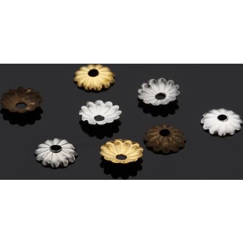 100pcs Gold/Rhodium/Silver/Antique Bronze Color Metal Flower End Caps Tray Base fit Hole 5mm Pearl Beads DIY Jewelry Findings
