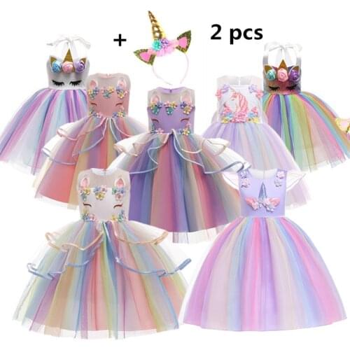 New Unicorn Dress 2Pcs Kids Dresses For Girl Cute Cartoon Infant Girls Dress Christmas Carnival Party Baby Girl Clothes 2-9Y