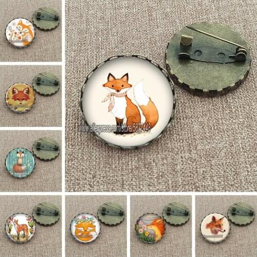 Cute Fox and Flower Women Pattern Glass Cabochon Brooch Lovely Animal Charm Pin Gift for Girl and Boy