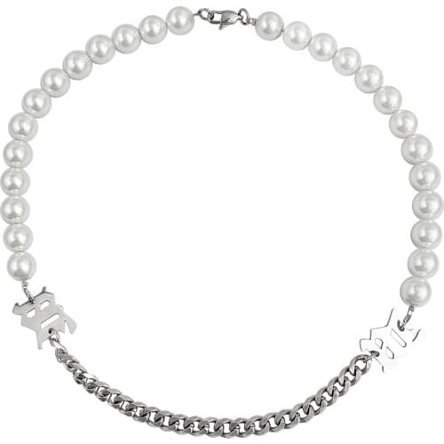 New Stainless Steel Link Chain Imitated Pearl Charm Jewelry Pearl Alphabet Letter Pendant Hip-Pop Choker Necklace For Women Men