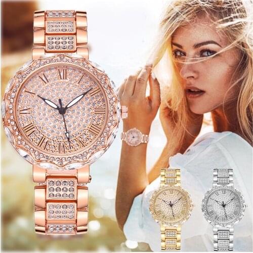 Fashion Watch Clock Stainless Steel Casual Dress Wrist Crystal Women Watches Luxury Watches for Women Rose Quartz Bangle