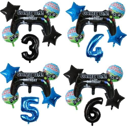6Pcs Black Gamepad Game On Theme Party Adult Childrens Birthday Baby Shower Foil Blue Number Balloons Decorations Kids Toy Gift