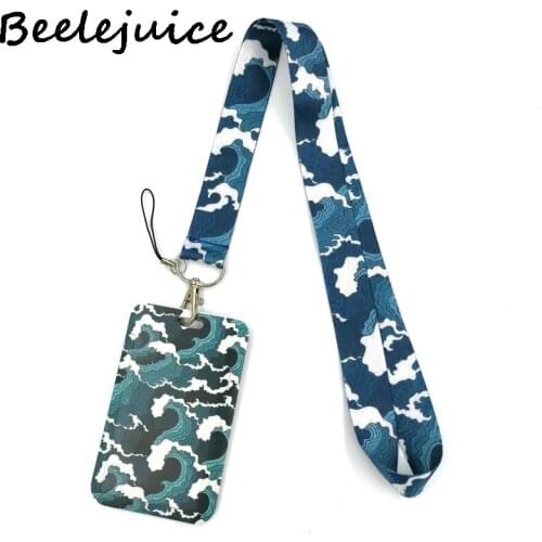 Hokusai Waves Lanyard Credit Card ID Holder Bag Student Women Travel Card Cover Badge Car Keychain Decorations Couple Gifts