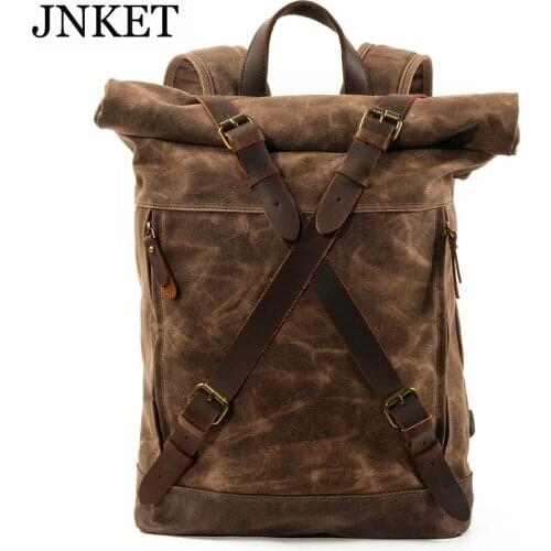 JNKET New Vintage Men Waterproof Backpacks Canvas Rucksacks Laptop Bagpack Large Capacity Mountaineering Travel Pack