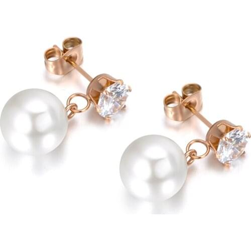 JeeMango Classic Simulated Pearl 6 Claw Cubic Zirconia Stainless Steel Stud Earrings For Women Jewelry Bijoux Brincos E18053