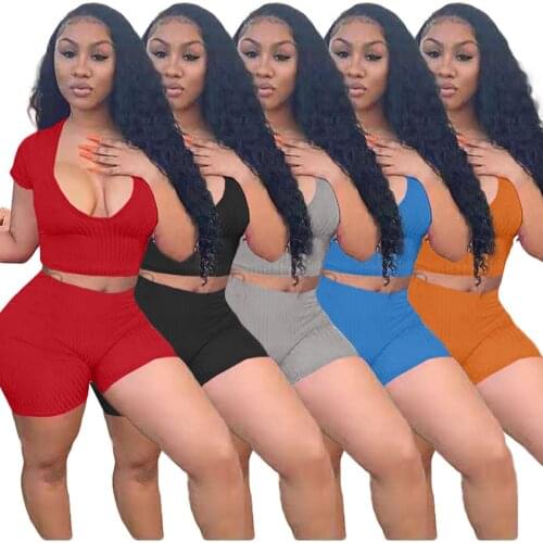 Summer Casual Sporty Fitness Knitted Rib Two Piece Set Sexy Deep T Shirt Crop Top + Biker Shorts Slim Tracksuit 2 Piece Outfits