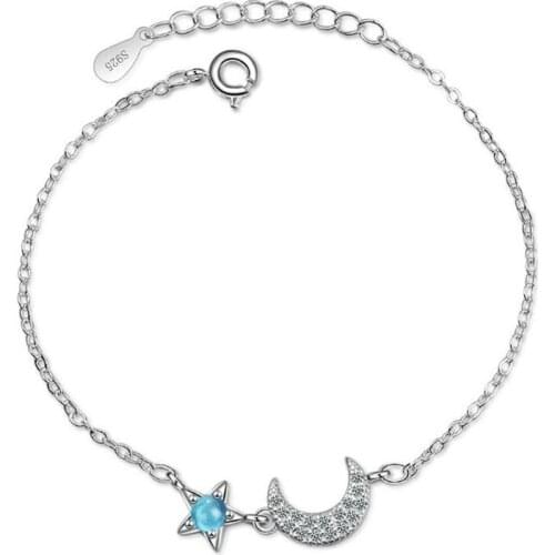 Beautiful Temperament Fresh Blue Crystal 925 Sterling Silver Jewelry Personality Star And Moon Cute Bracelets SB145