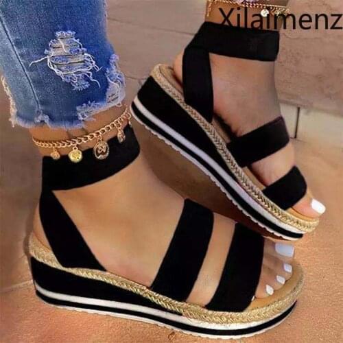 Summer Sandals Women Wedges Platform Hemp Shoes Ladies Candy Color Casual Slippers Slip On Strap Cross Shoes Plus Size 2021
