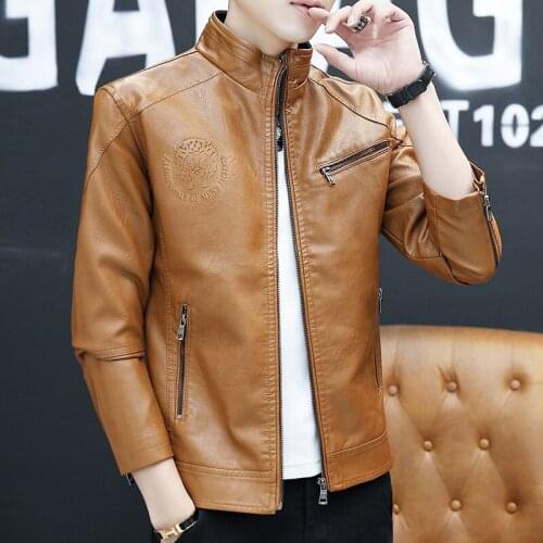 M L XL XXL 3XL 4XL Mens Zipper-Pockets Black Orange Brown PU Jacket Casual Stand Collar Motorcycle Leather Jacket