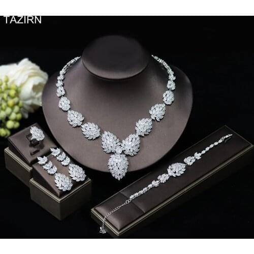 Trendy 5A Full Zircon Wedding Bridal Jewelry Sets 4 Pcs Cubic Zirconia Party Necklace Bracelet Earrings Rings Full Jewelry Sets