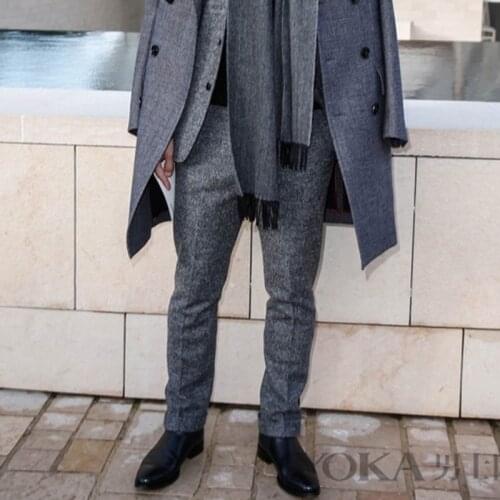 Mens cashmere woolen casual pants 2020 autumn and winter Europe and America Slim thick gray small straight woolen woolen pants