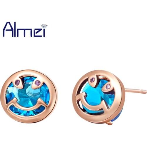 Almei 15%Off Cheap Earring Silver New Stud Earings With Round Blue Red Green Stones For Women Girls Fashion Jewelry Vintage R710
