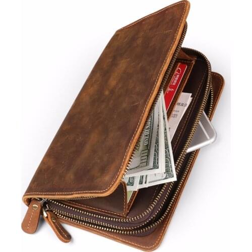 Ruil 2018 New Men Long Wallet Top Quality Retro Handmade Oil Leather Crazy Horse Leather Zipper Handbag Coin Dollar Purse