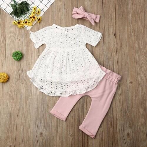 Girl Clothes 3Pcs Newborn Infant Baby Girl Clothes Long Sleeve Top T-Shirt Lace Dress Bowknot Pants Headband Outfit