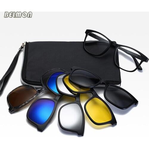 Belmon 6 In 1 Spectacle Frame Men Women With 5 PCS Clip On Polarized Sunglasses Magnetic Glasses Male Computer Optical 2201