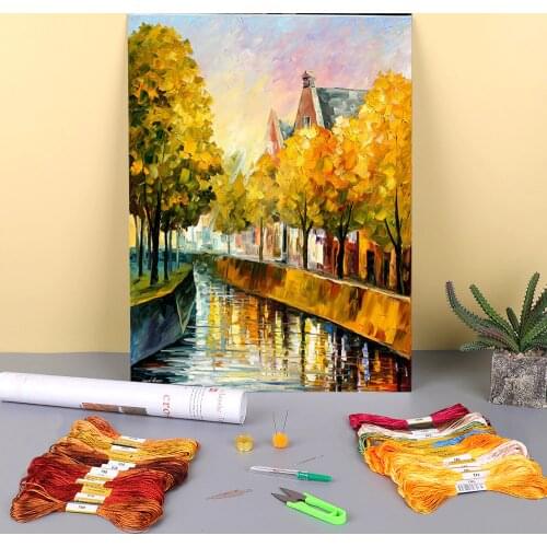 Fall In Amsterdam Printed Fabric 11CT Cross-Stitch Embroidery Full Kit DMC Threads Handiwork Sewing Painting Knitting Needle