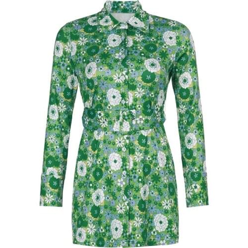 Uclio Floral Vintage Y2K Shirt Dress Women Casual Long Sleeve A-Line Mini Dresses Ladies with Belt Fashion Button Up Autumn