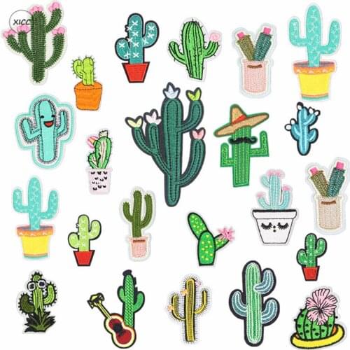 XICC Fashion Cactus Group Craft Brooch Iron On Embroidery Patch Handmade Green Plants Flower Badge Applique On Clothes Bags Shoe