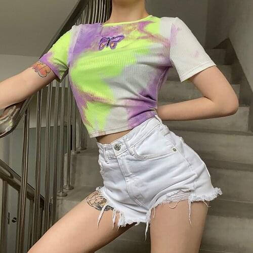 Summer Women Short Sleeve Slim Fit T-shirt 2021 Tie Dye Butterfly Embroidery Crop Top Harajuku Streetwear Fashion Tee Shirt