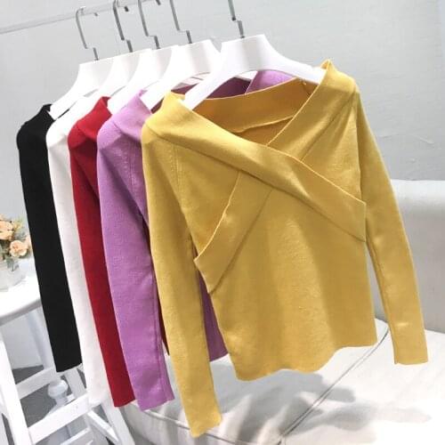 Alpha Sexy Autumn and Winter Women Blouse Full Sleeve V Neck Cross Sexy Knitted Blouse One Size 5 Color