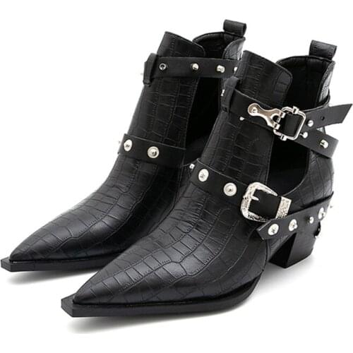 New Metal Studded Rivets Short Boots Sandal Woman Pointy Toe Buckle Straps Ankle Boots Cut Out Fashion Cool Shoes Botas Mujer