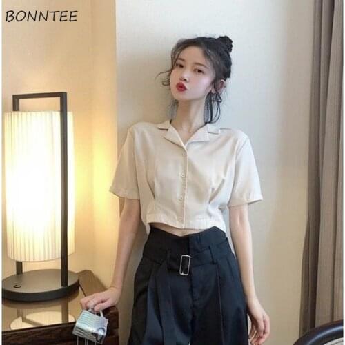 Shirts Women Pure Color Summer Female Notched Chiffon Trendy Korean Style Students All-match Teens Crop Clothing Mujer Ropa Ins